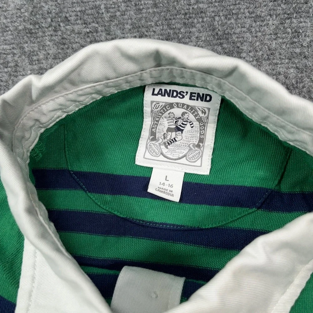 Lands' End Striped‎ Rugby Shirt Boys L 14-16 Long Sleeve Cotton Green Preppy
